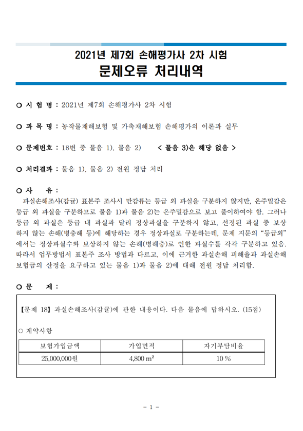 2021년 제7회 손해평가사 2차 시험 문제오류 처리내역.png